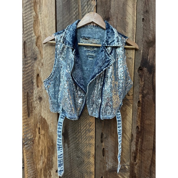 Sequin Denim Moto Vest – Acid Wash Sleeveless Biker Jacket Y2K Glam Rock L - Picture 1 of 13
